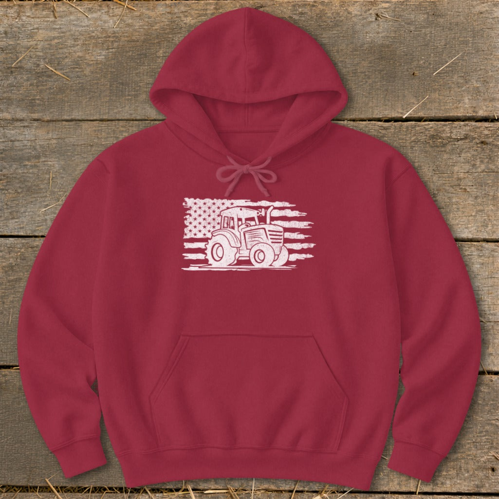 Maroon hoodie with white distressed tractor and American flag graphic.