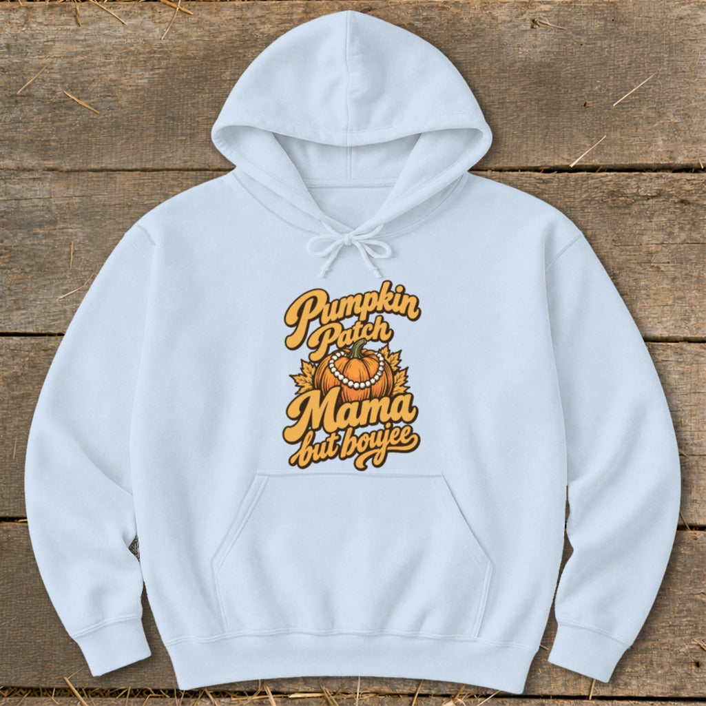 Light blue hoodie with "Pumpkin Patch Mama but boujee" text and pumpkin graphic.