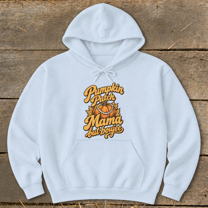 Light blue hoodie with "Pumpkin Patch Mama but boujee" text and pumpkin graphic.