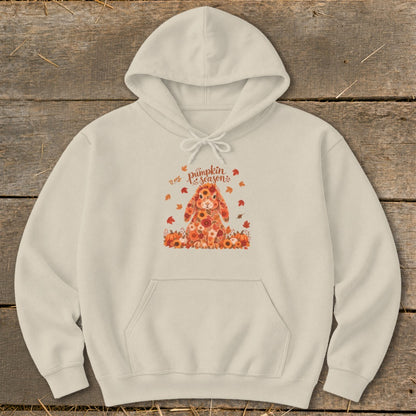 Cream hoodie with a bunny made of flowers and pumpkins, reads "pumpkin season".
