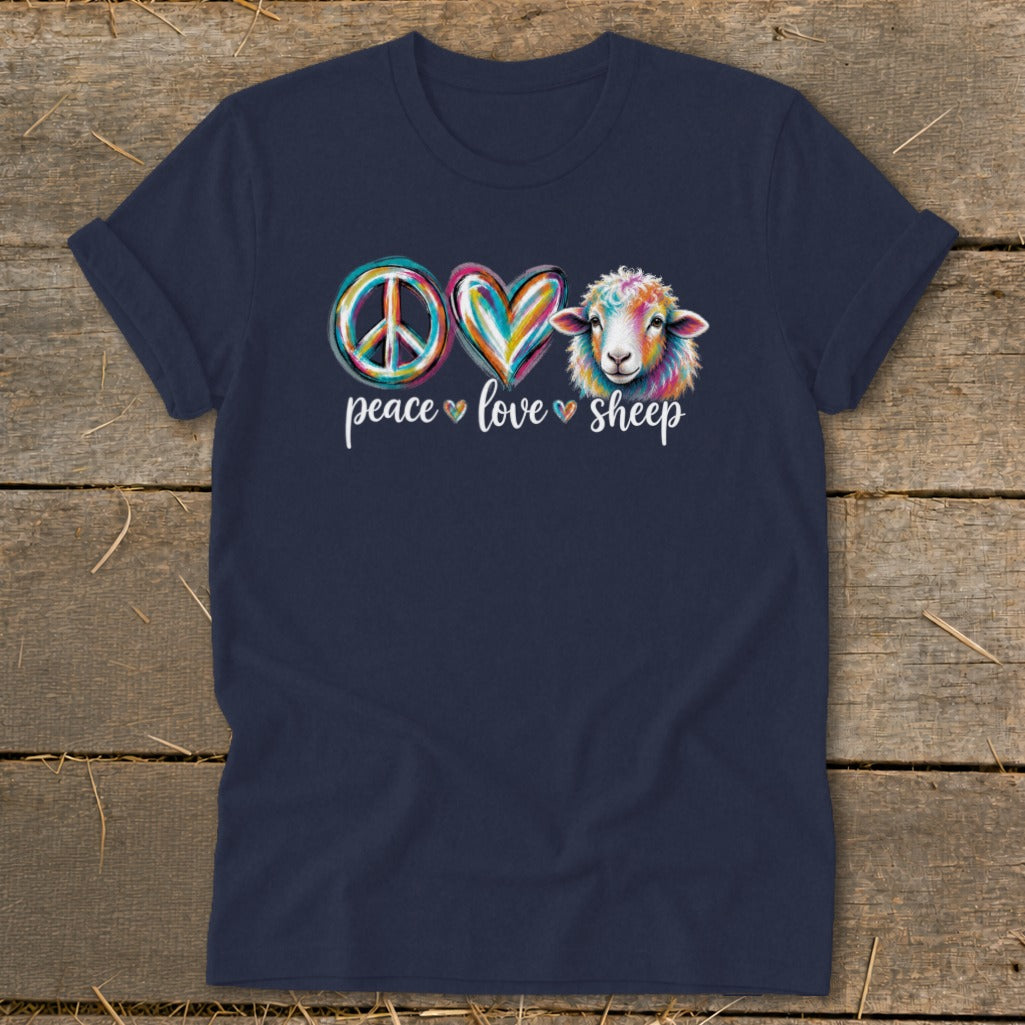 Navy t-shirt with peace, love, and colorful sheep graphic and text.