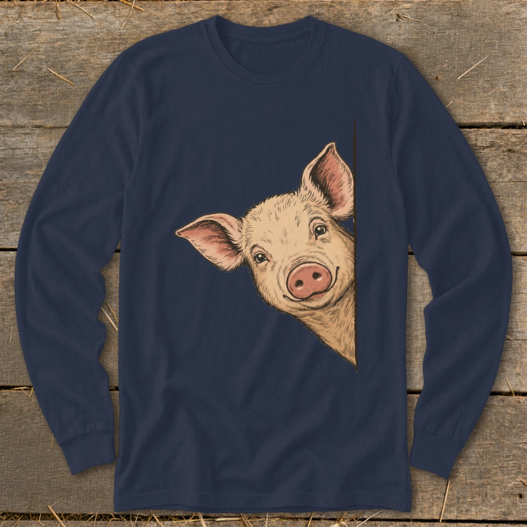 Navy long sleeve shirt with a drawing of a pig peeking from the side.
