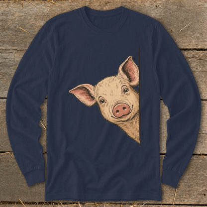 Navy long sleeve shirt with a drawing of a pig peeking from the side.
