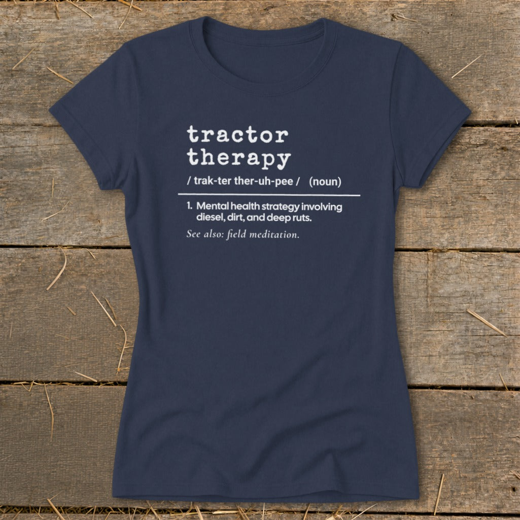 Navy t-shirt with "tractor therapy" definition text in white.