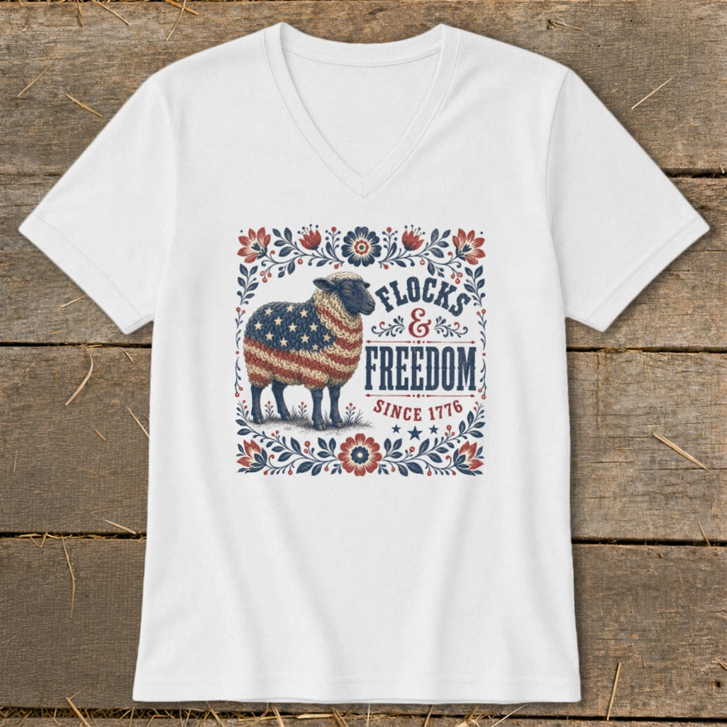 Sheep with American flag pattern and "Flocks & Freedom Since 1776" text.