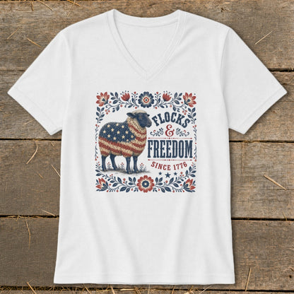 Sheep with American flag pattern and "Flocks & Freedom Since 1776" text.