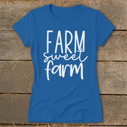 Blue t-shirt with white text "FARM sweet farm" displayed vertically.