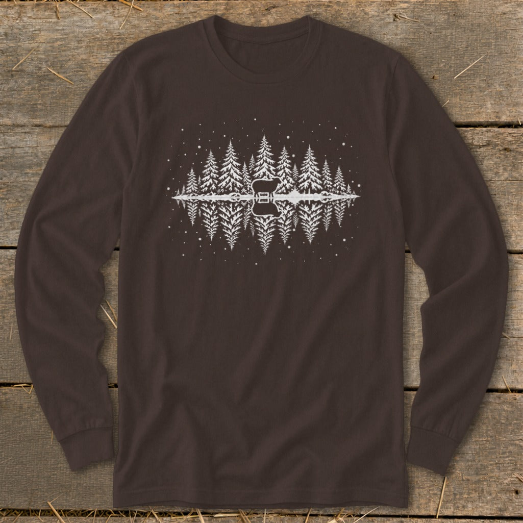 Brown long-sleeve t-shirt with white pine trees and guitar silhouette reflection design.