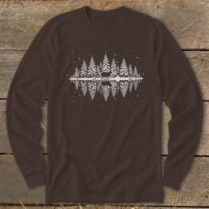 Brown long-sleeve t-shirt with white pine trees and guitar silhouette reflection design.