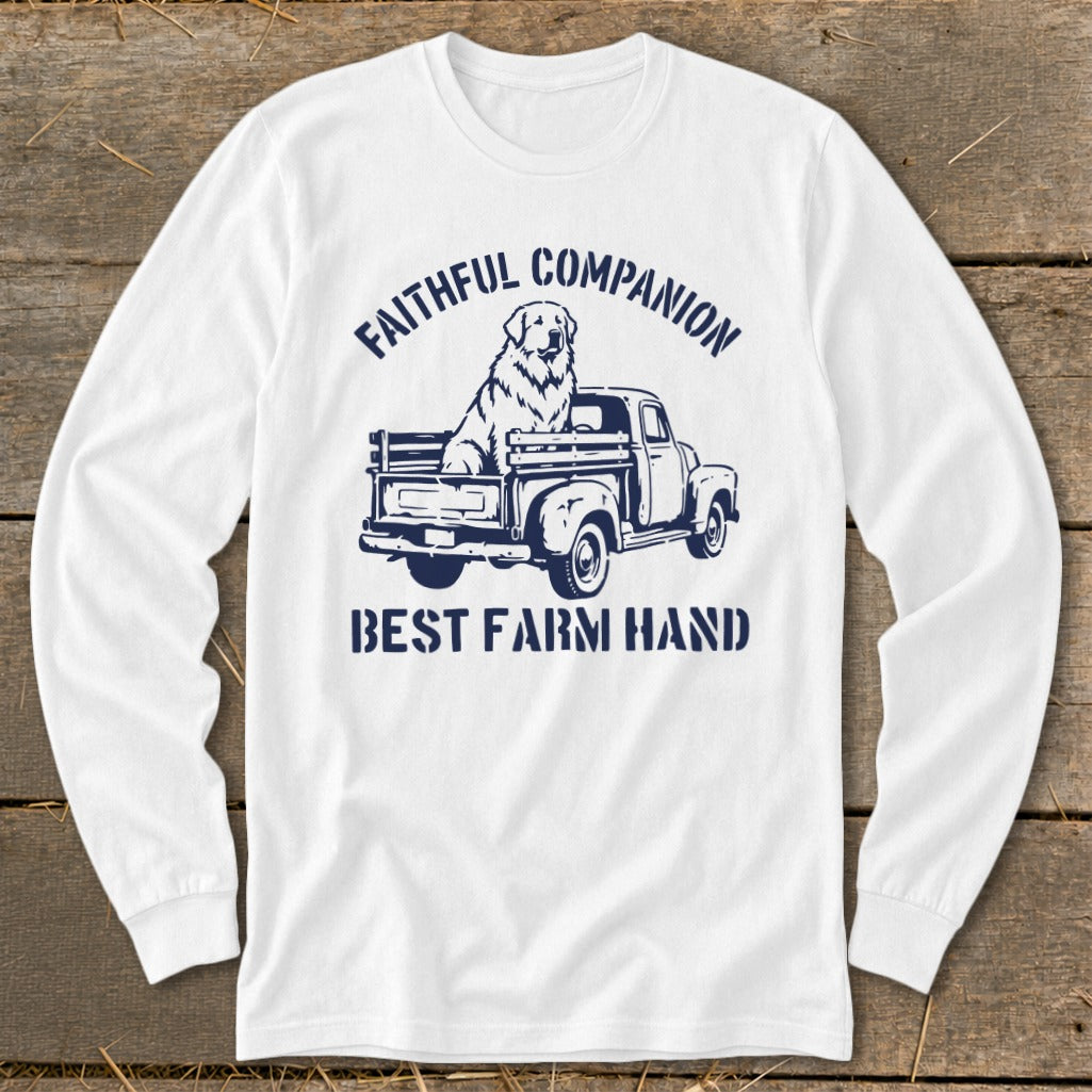 White long sleeve shirt with navy blue graphic of dog in truck, "FAITHFUL COMPANION BEST FARM HAND"