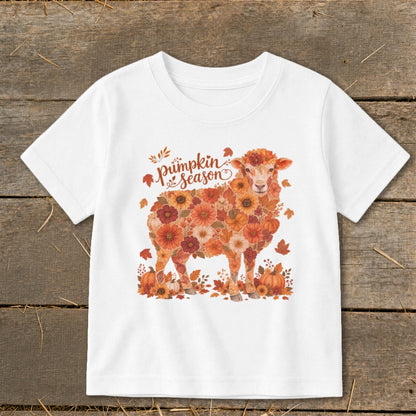 White t-shirt with sheep design made of flowers and leaves, reads "pumpkin season".