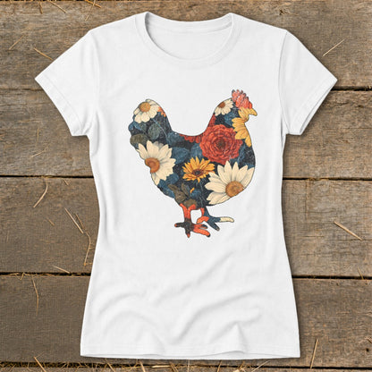 White t-shirt with a floral chicken graphic design.