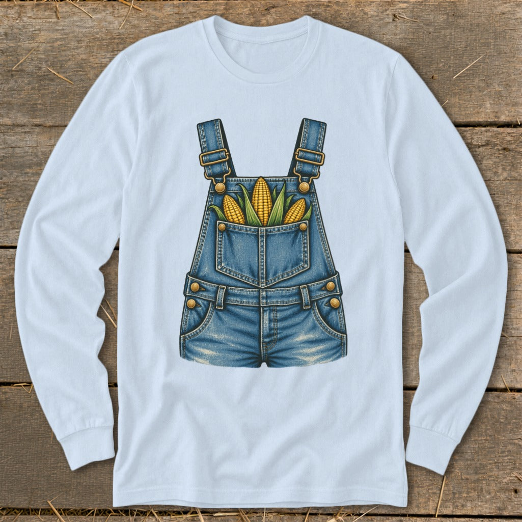 Light blue long-sleeve shirt featuring a denim overall design with corn cobs in the pocket.