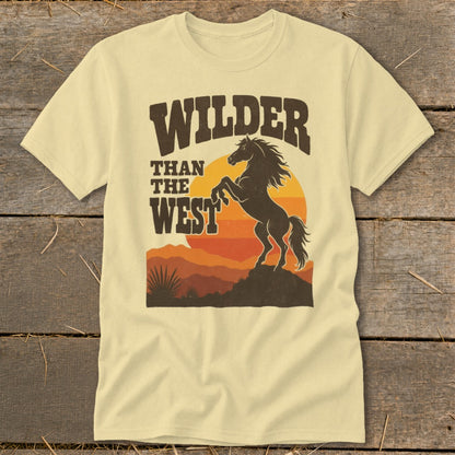 Cream t-shirt with "Wilder Than The West" text and a rearing horse graphic.