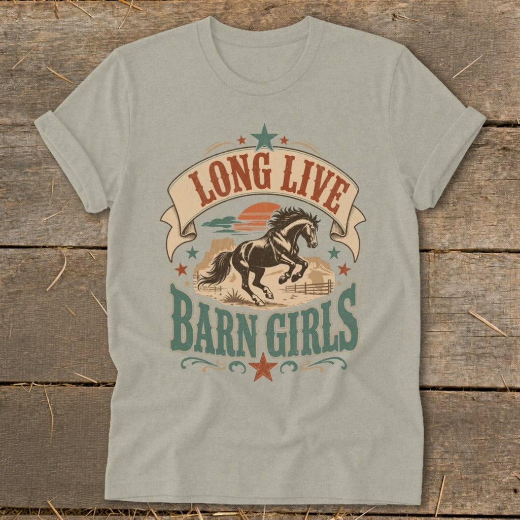 Gray t-shirt graphic with a running horse, sunset, and text "LONG LIVE BARN GIRLS".
