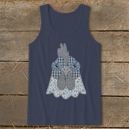 Navy tank top with a patchwork rooster face graphic in blue and grey fabrics.