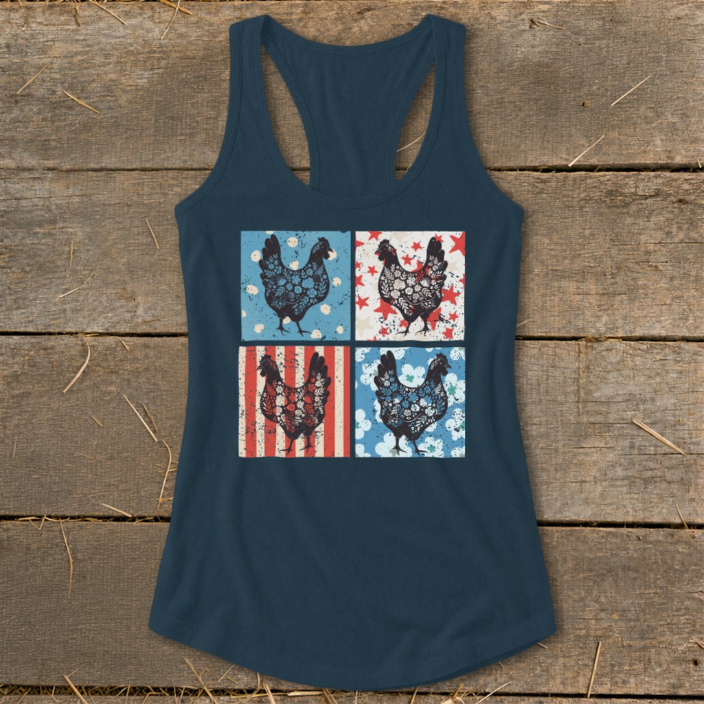 Tank top with four square panels featuring patterned chickens.
