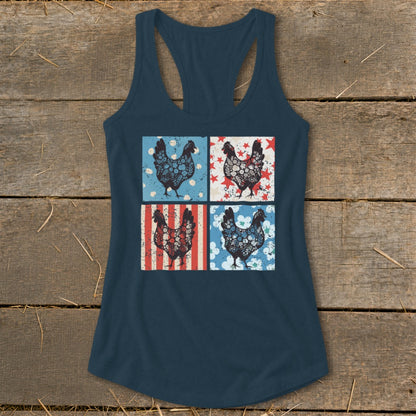 Tank top with four square panels featuring patterned chickens.