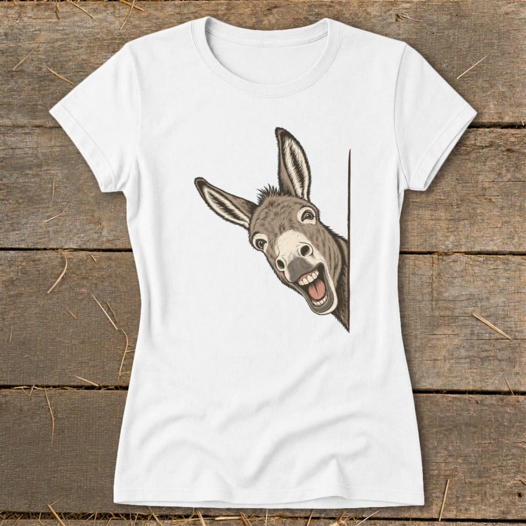 White t-shirt with a cartoon donkey peeking from the side, smiling.