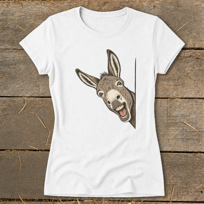 White t-shirt with a cartoon donkey peeking from the side, smiling.