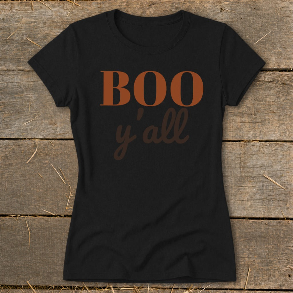 Black t-shirt with "Boo y'all" text in brown and orange lettering.