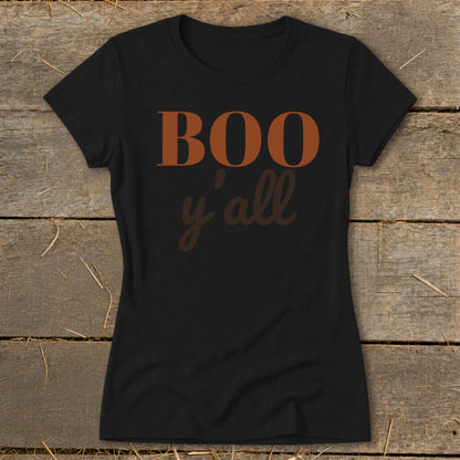 Black t-shirt with "Boo y'all" text in brown and orange lettering.