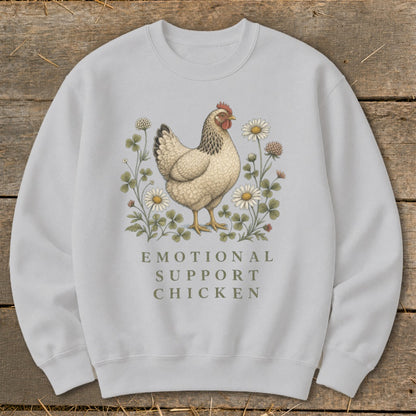 Light gray sweatshirt with a chicken illustration surrounded by flowers and the text "EMOTIONAL SUPPORT CHICKEN."