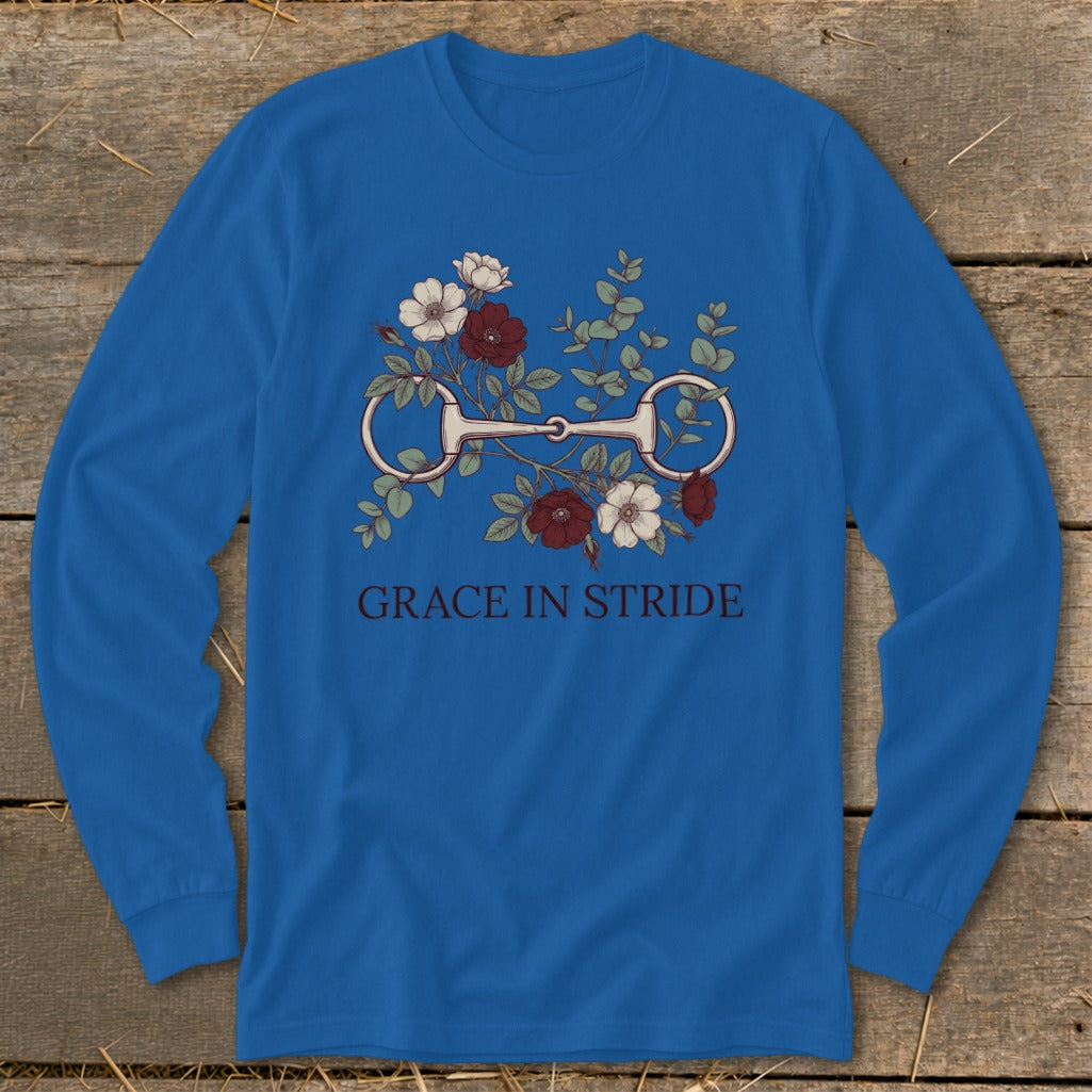 Blue long sleeve shirt with a horse bit and floral design, "Grace in Stride" text.