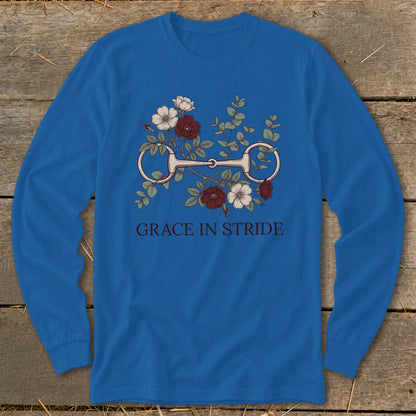 Blue long sleeve shirt with a horse bit and floral design, "Grace in Stride" text.