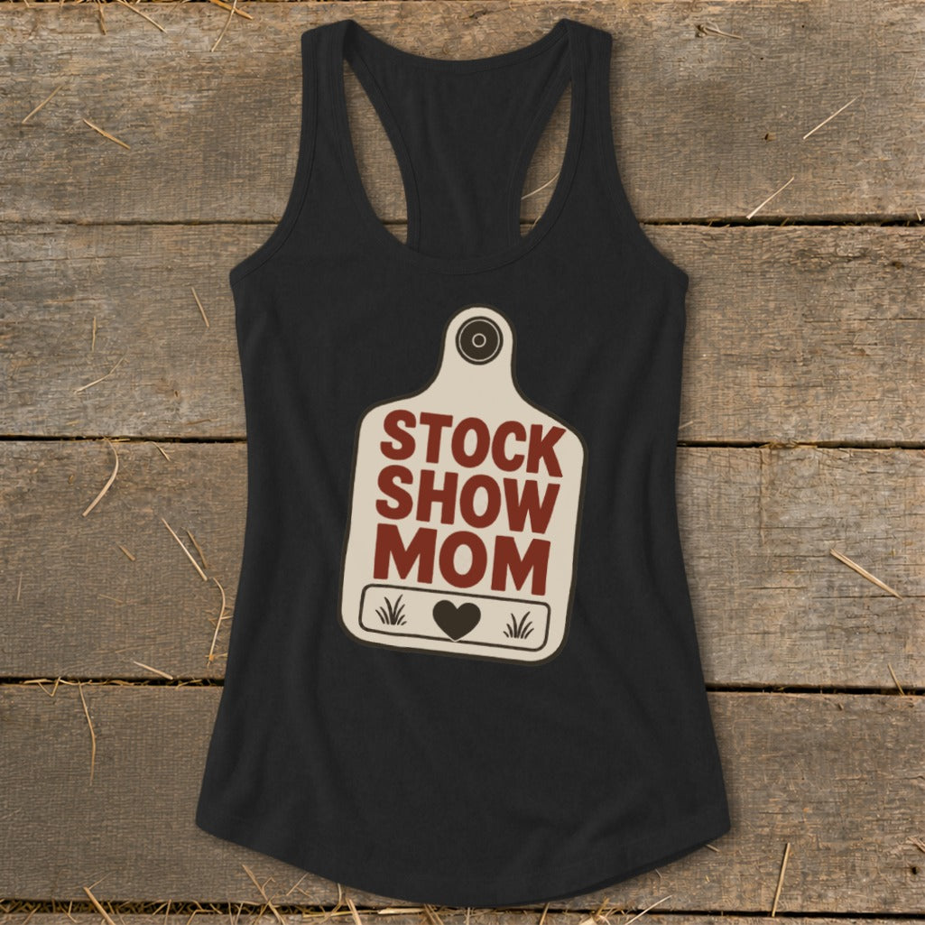 Black tank top with "Stock Show Mom" graphic on a tag with a heart.