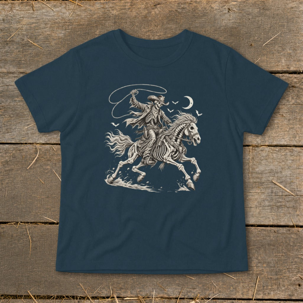 Skeleton cowboy on horseback with lasso against moonlit sky.