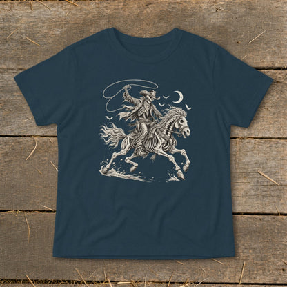 Skeleton cowboy on horseback with lasso against moonlit sky.