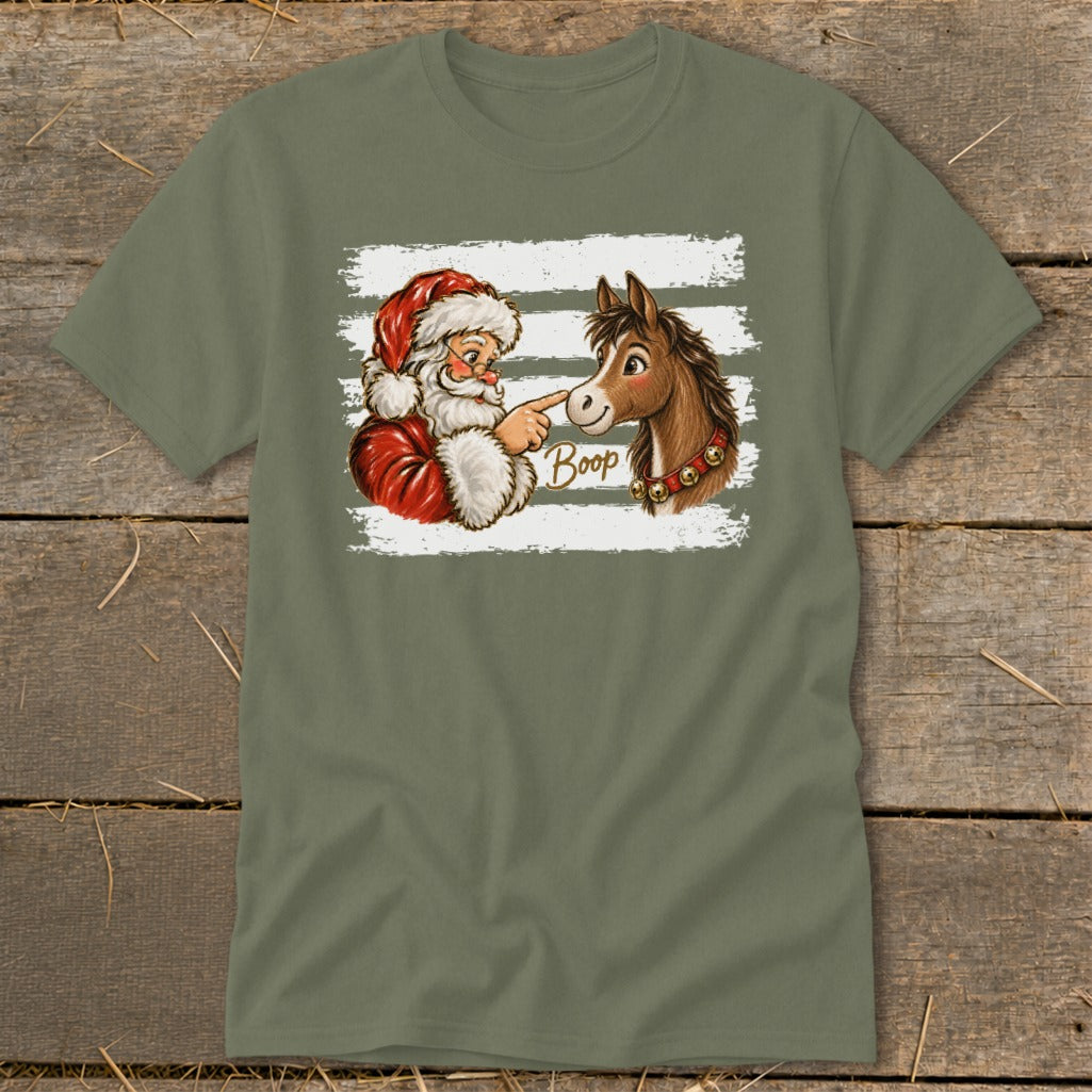 Santa booping a horse's nose with "Boop" text on a t-shirt.