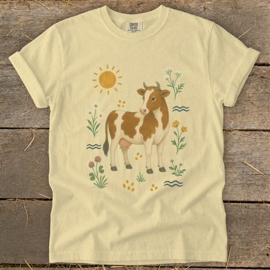 Light yellow t-shirt with a brown and white cow, sun, and wildflowers graphic.
