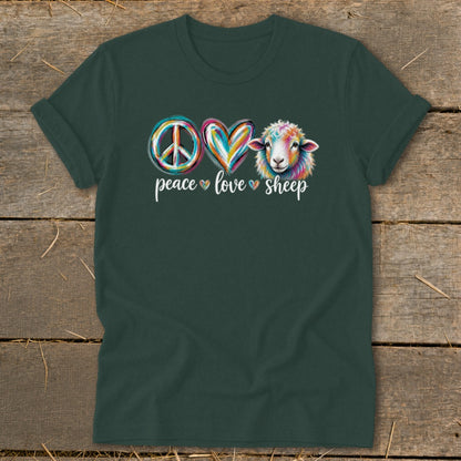 Dark green t-shirt with peace, heart, and sheep graphic reading "peace love sheep."