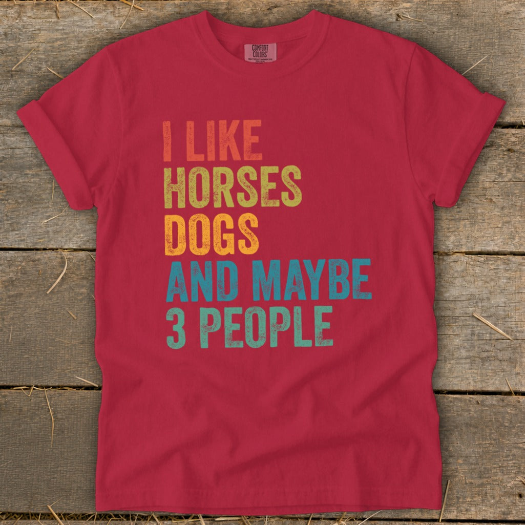 Red t-shirt with text "I LIKE HORSES DOGS AND MAYBE 3 PEOPLE".
