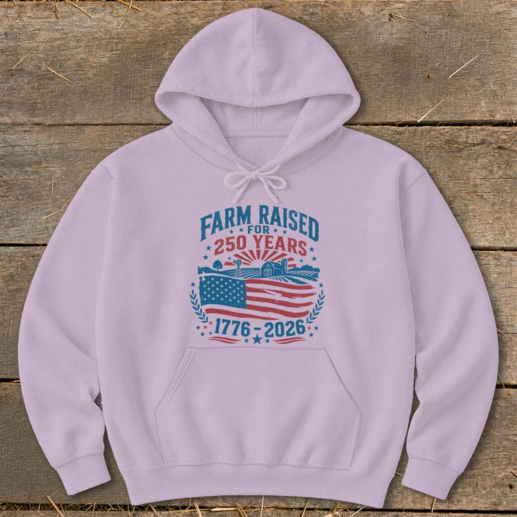 Purple hoodie with "Farm Raised For 250 Years" text and American flag graphic.