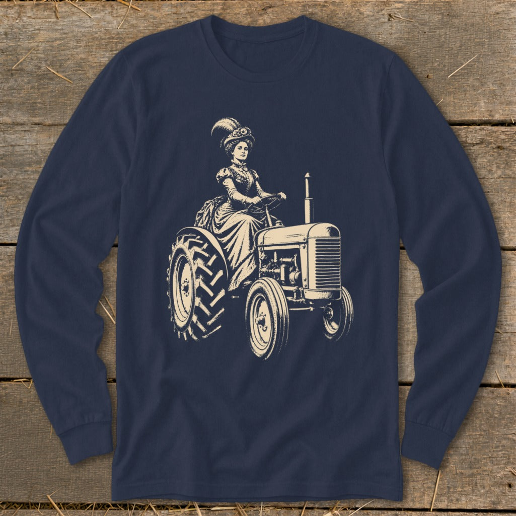 Vintage woman in elaborate dress driving a tractor with feathered hat.