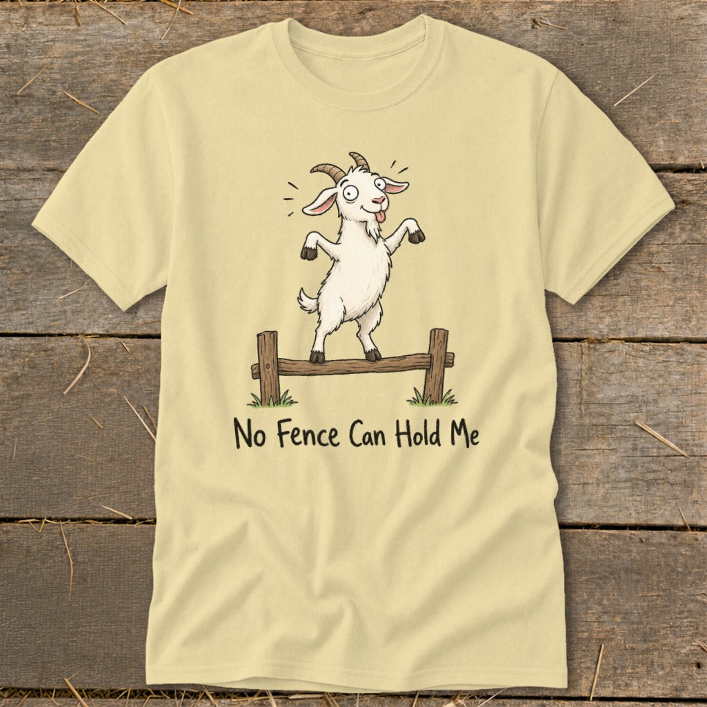 Cartoon goat balancing on fence with text "No Fence Can Hold Me".