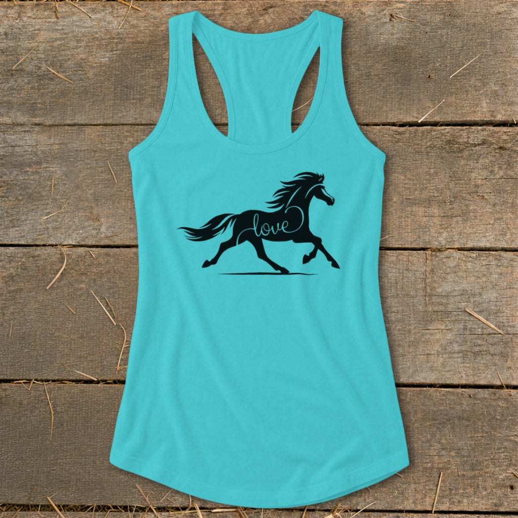 Turquoise tank top with black silhouette of a running horse and the word "love".