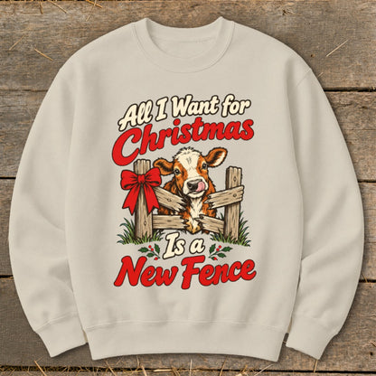 Cow with red bow on fence with text "All I Want for Christmas Is a New Fence."