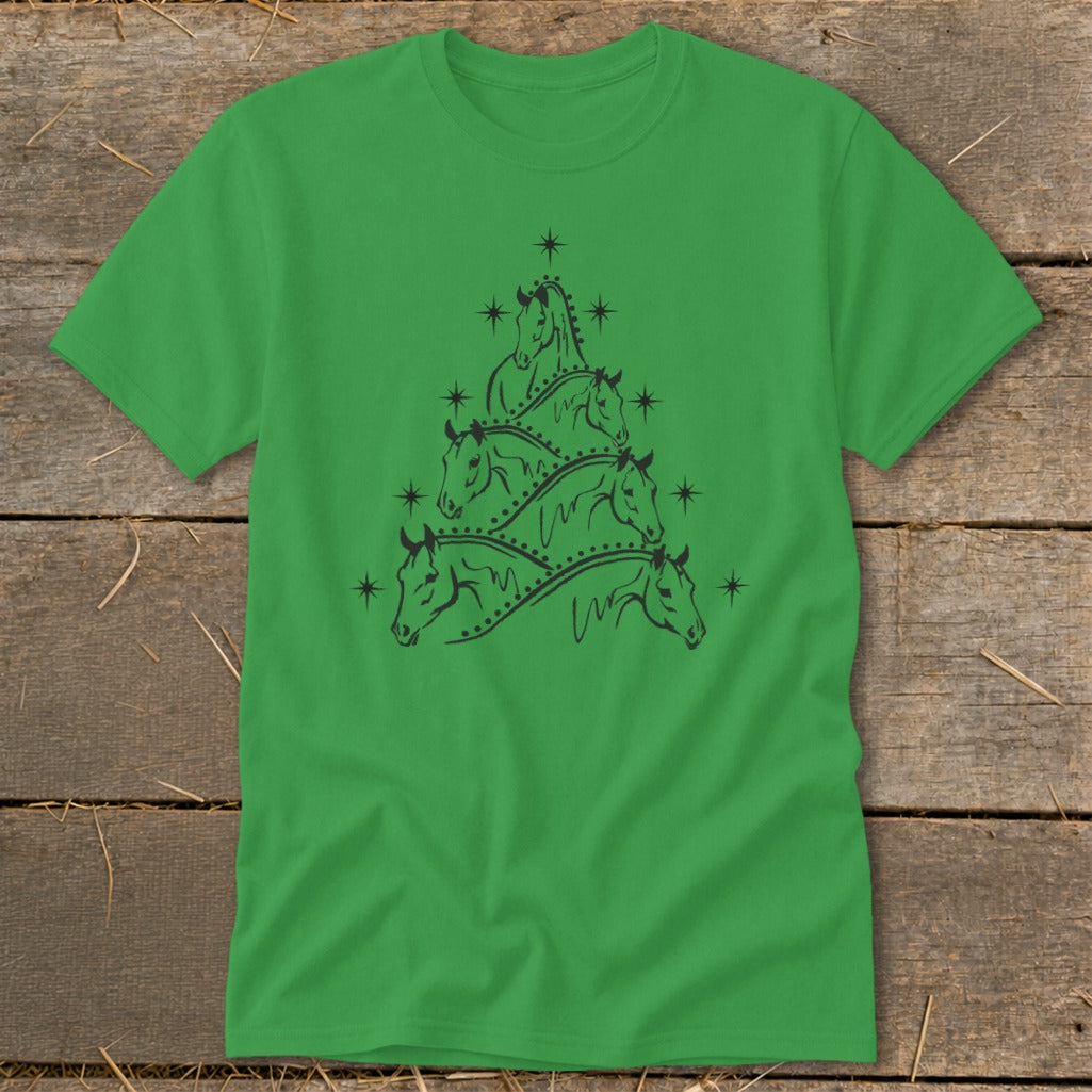 Green t-shirt with a black silhouette of a Christmas tree made of horses.