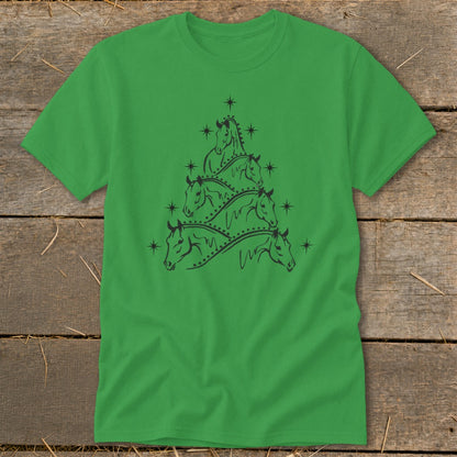 Green t-shirt with a black silhouette of a Christmas tree made of horses.