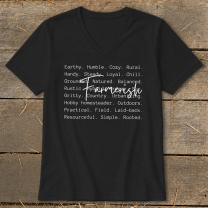Black t-shirt with white text "Farmerish" and descriptive words like Earthy, Humble, Rural, and Grounded.