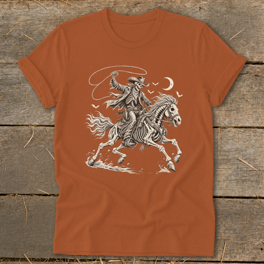 Skeleton cowboy on horseback with lasso under crescent moon.
