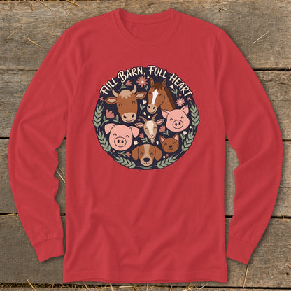 Red long-sleeve shirt with circular farm animal graphic and text "FULL BARN, FULL HEART".