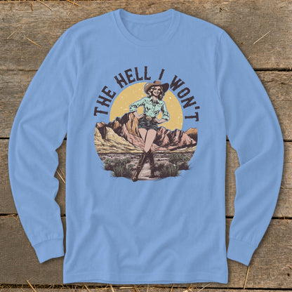 Light blue long sleeve shirt with a vintage desert graphic and text.