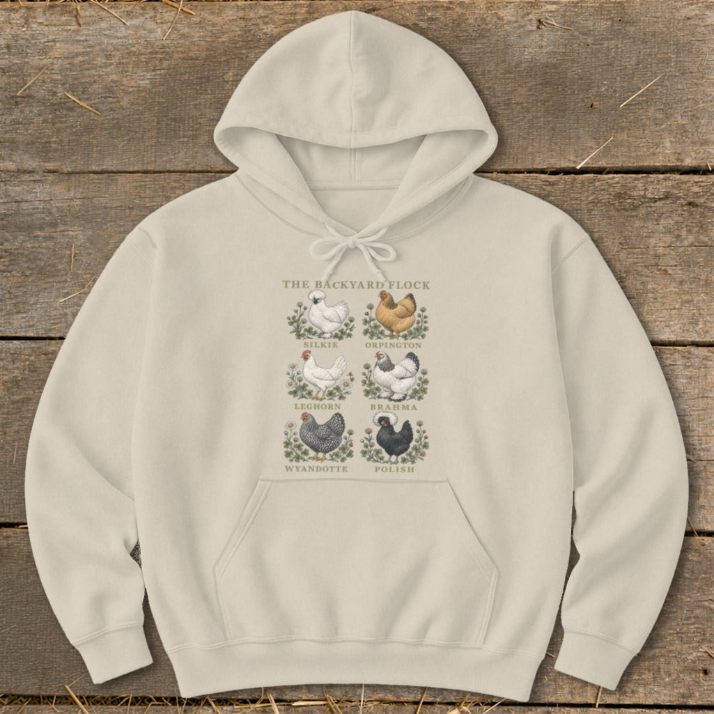 Cream hoodie with "The Backyard Flock" title and six chicken illustrations with names.