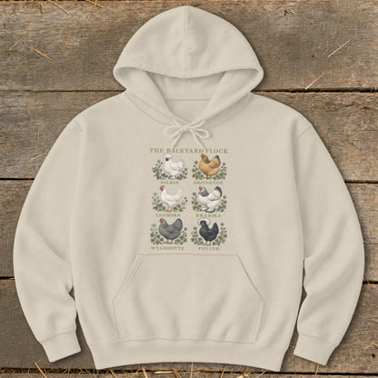 Cream hoodie with "The Backyard Flock" title and six chicken illustrations with names.