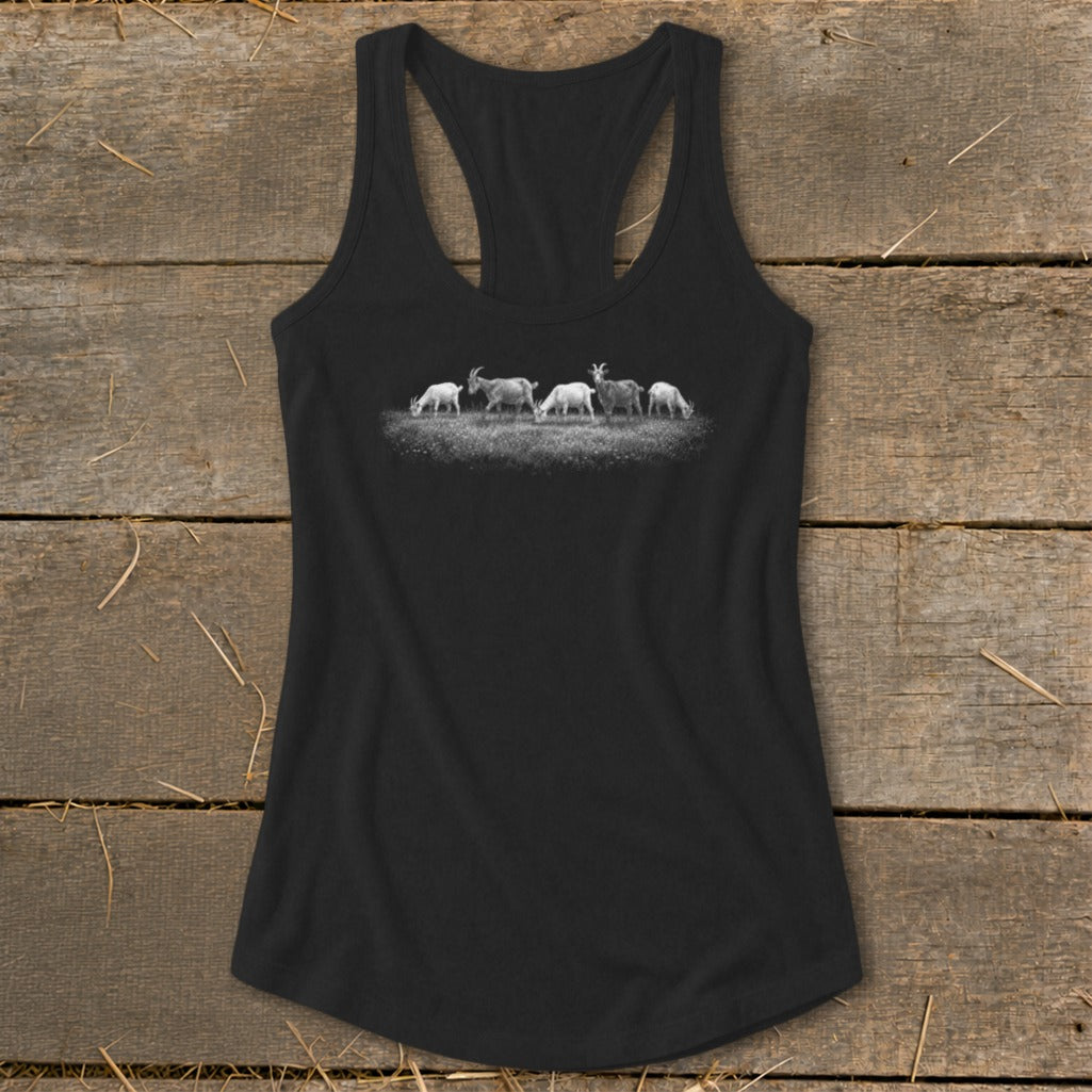 Black racerback tank top with a graphic of five goats grazing in a field.